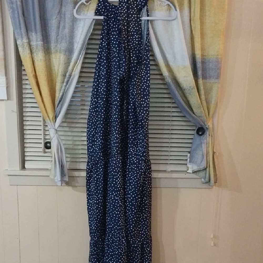 Navy Polka Dot Maxi Dress, Sleeveless And Belt Size Xxl